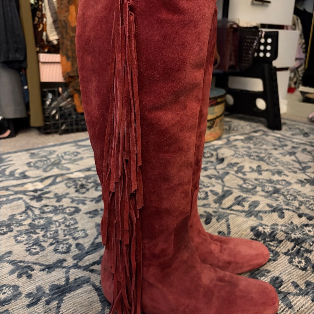 Longchamp Red Suede Over the Knee Boots